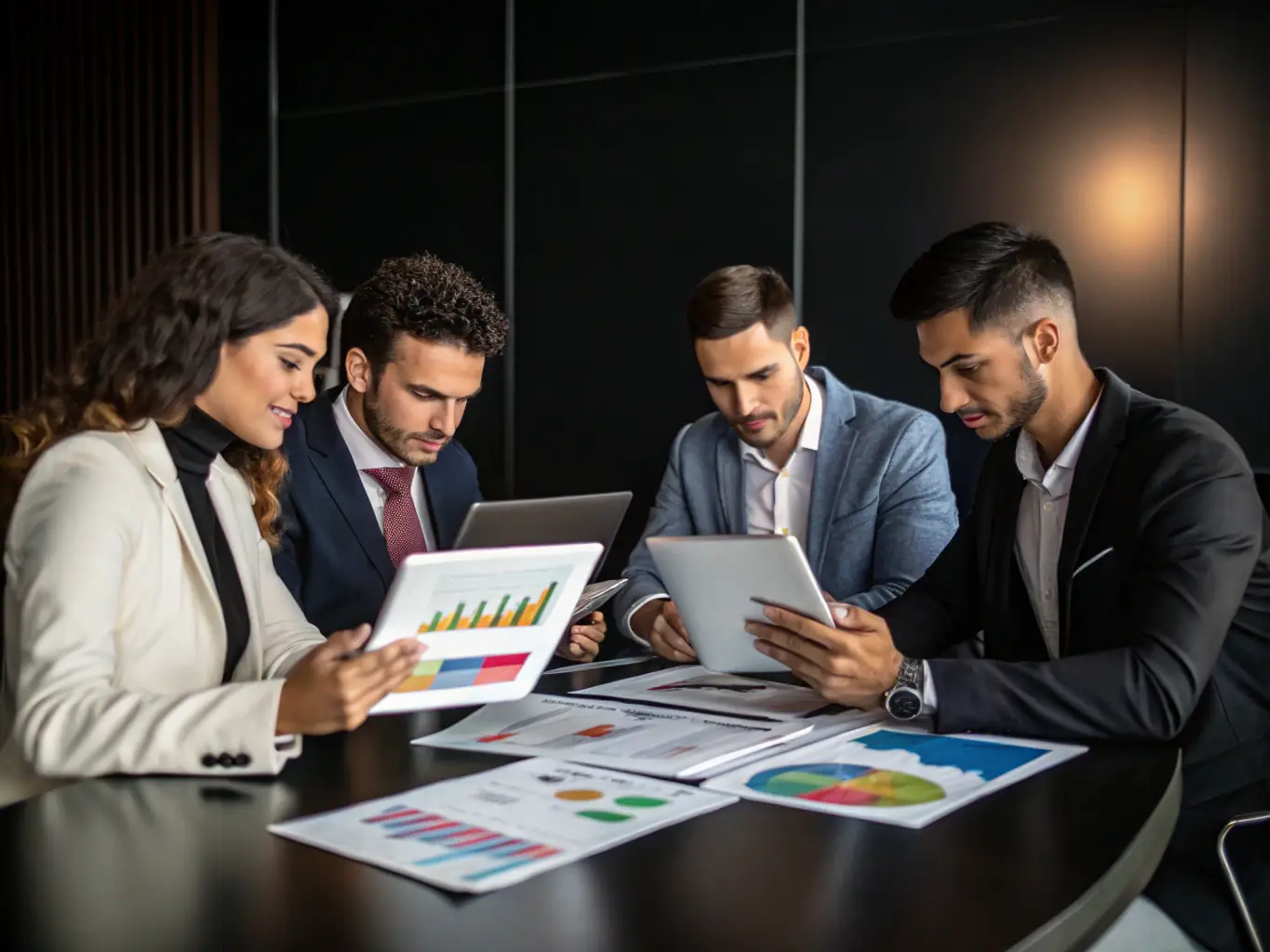 A diverse group of people are gathered around a table, discussing investment strategies and options, with charts and graphs displayed on a screen in the background.