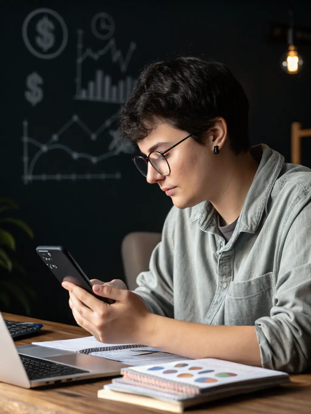 A person using a budgeting app on their smartphone, showing categories of expenses and income with colorful charts.
