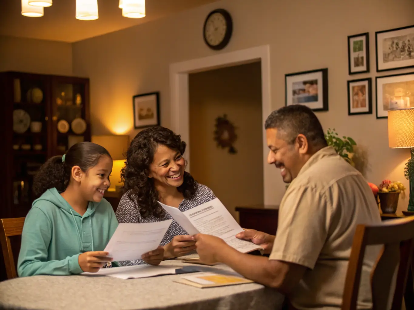 A family is sitting at a table, reviewing insurance policies and discussing coverage options, with a focus on protecting their assets and future in France.