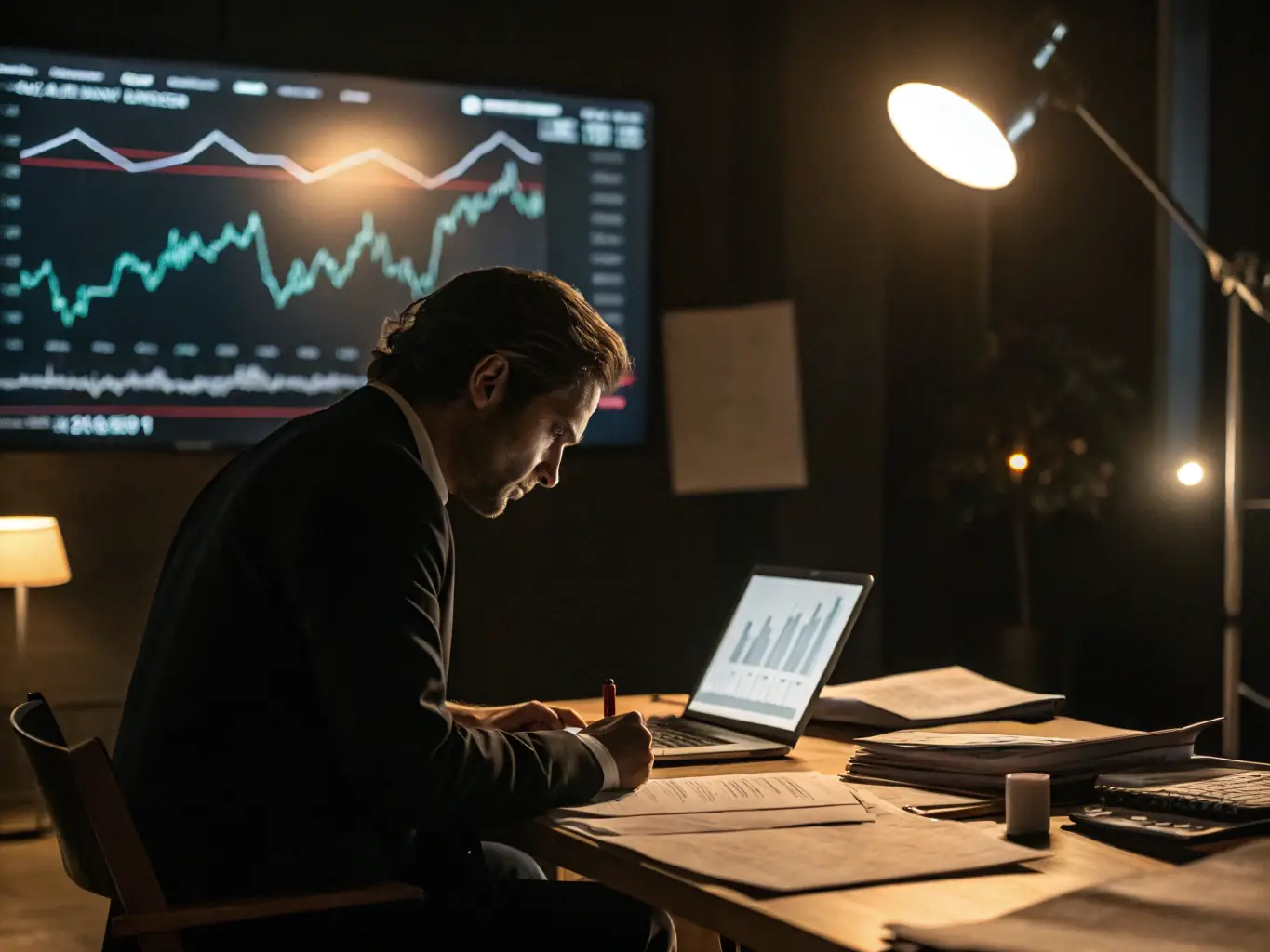 A professional in a suit is reviewing a document with financial charts and graphs, with a calculator and pen on the desk, symbolizing financial planning and analysis in France.