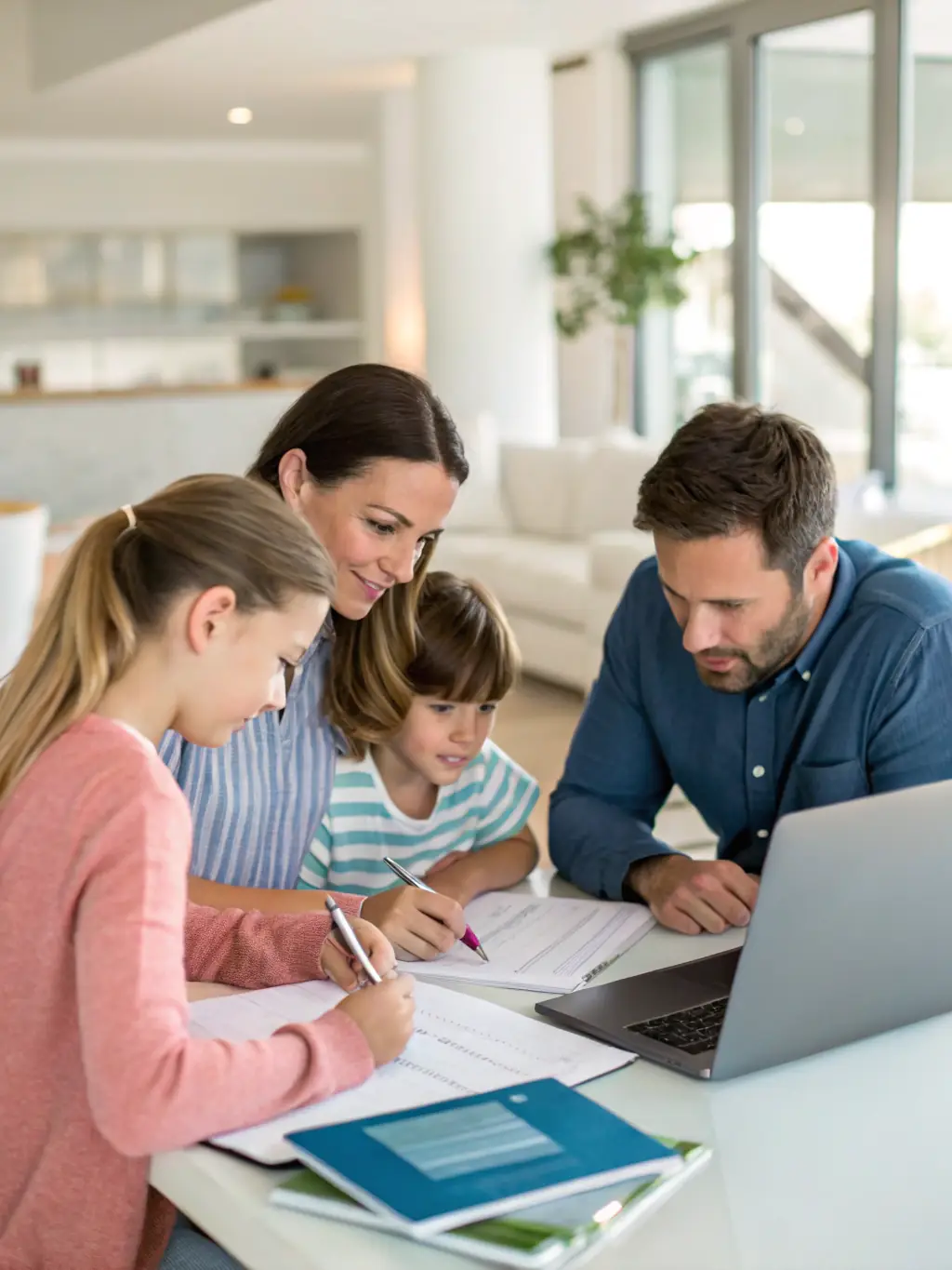 A family discussing insurance options with an advisor in a modern office, with brochures and documents related to different insurance policies.