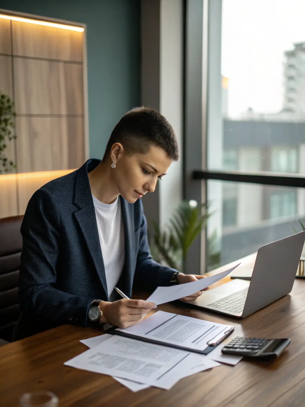 A person reviewing loan documents at a desk, with a calculator and financial statements nearby, in a setting that suggests a French home office.