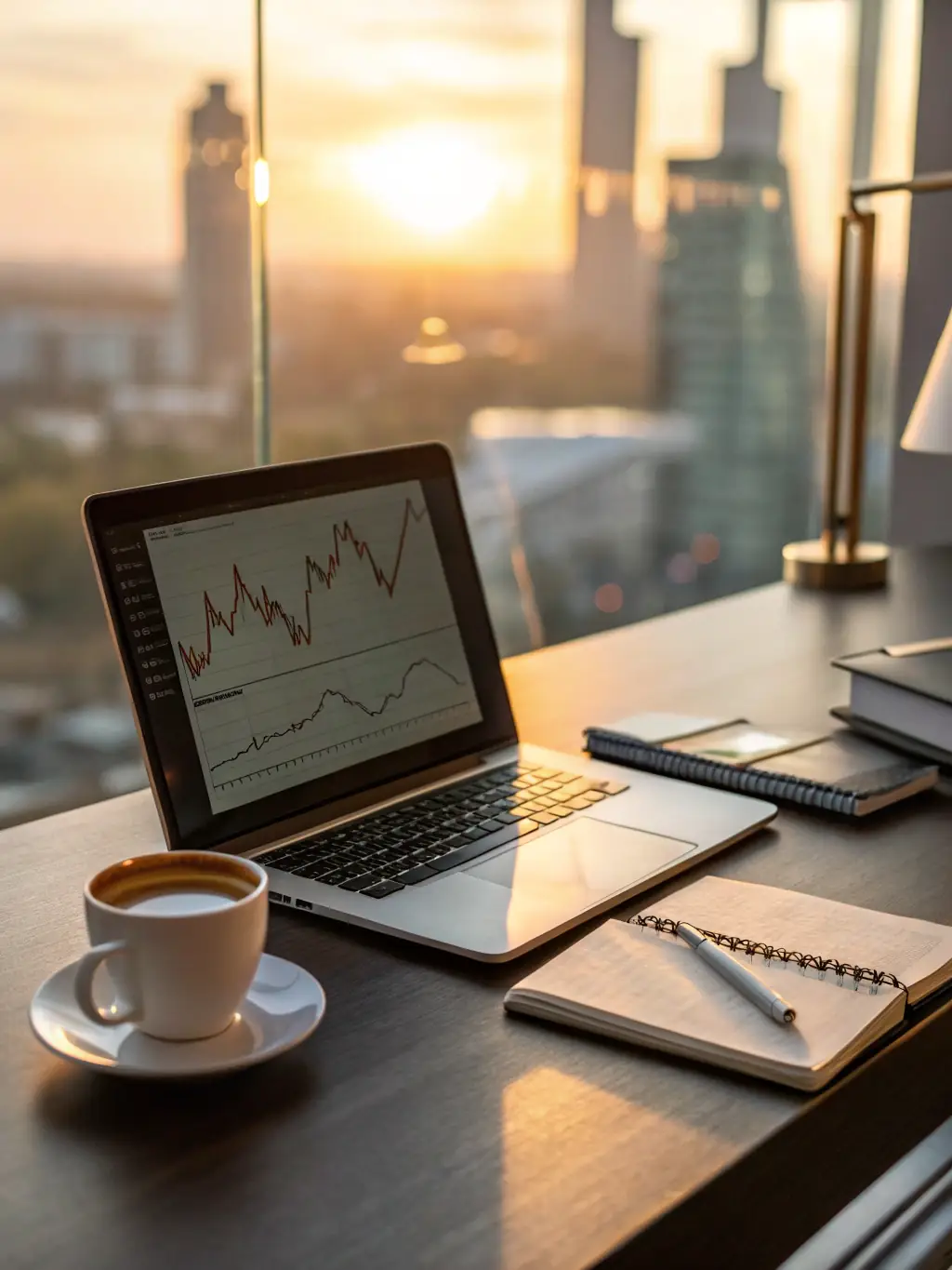 A professional workspace with a laptop displaying a financial analysis dashboard, surrounded by documents and charts, symbolizing in-depth financial research.