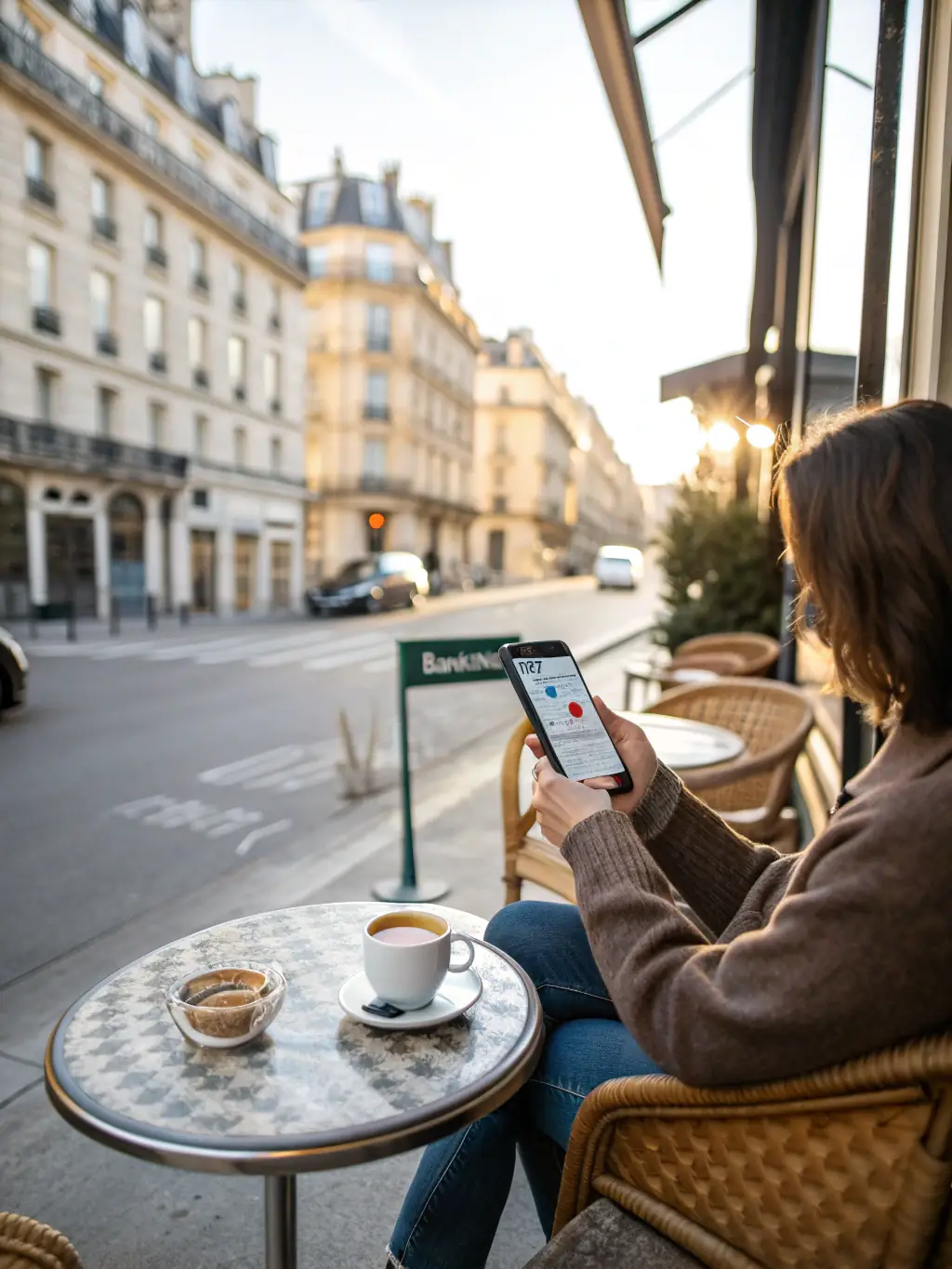 A person using a banking app on their smartphone, with the Eiffel Tower subtly visible in the background through a window, symbolizing modern banking in France.