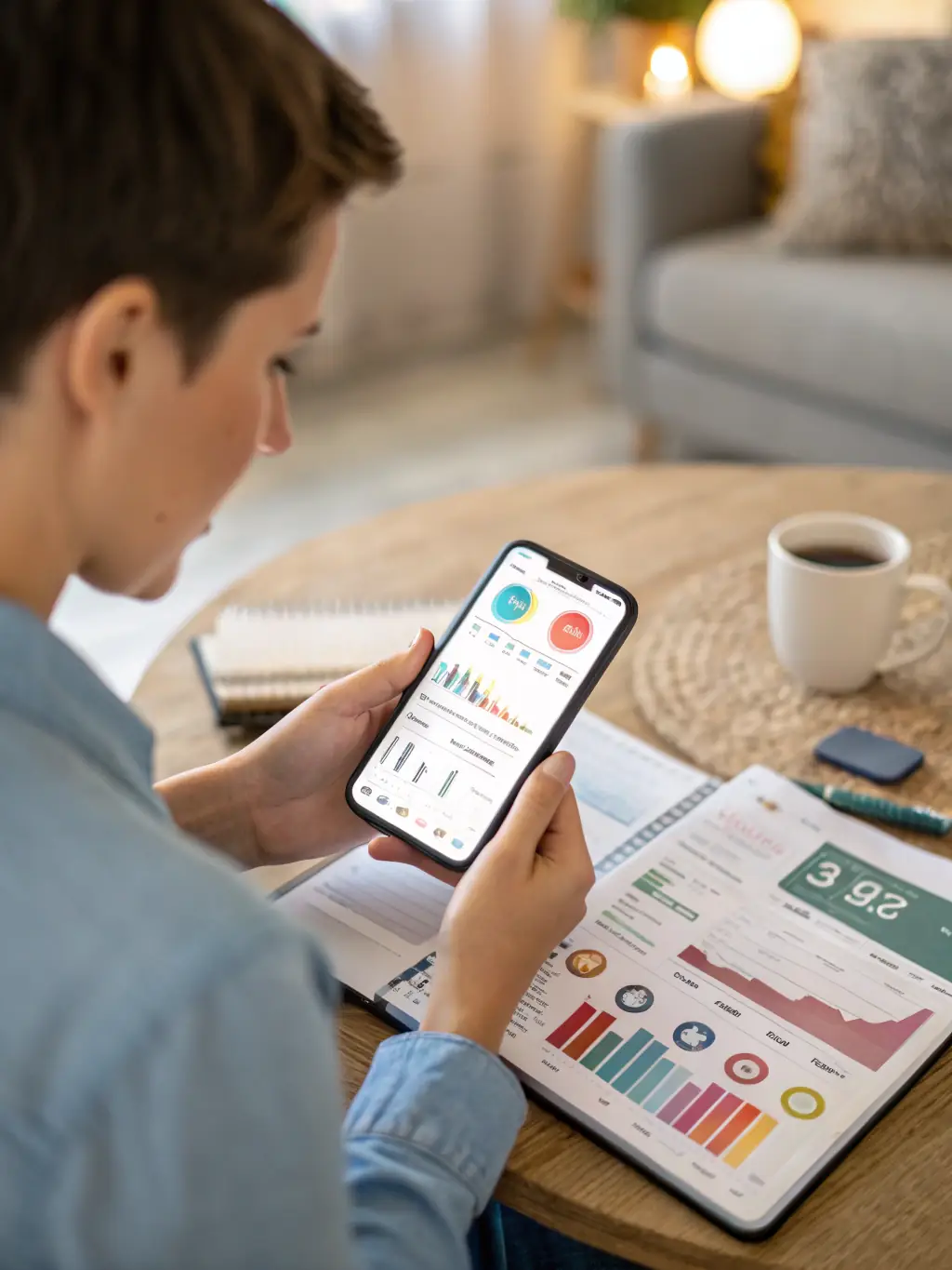 A person using a budgeting app on their smartphone, with charts and graphs illustrating income and expenses, representing digital financial tools.